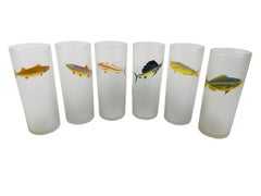 Six Vintage Libbey Glass Tom Collins Glasses Each with a Different Game Fish