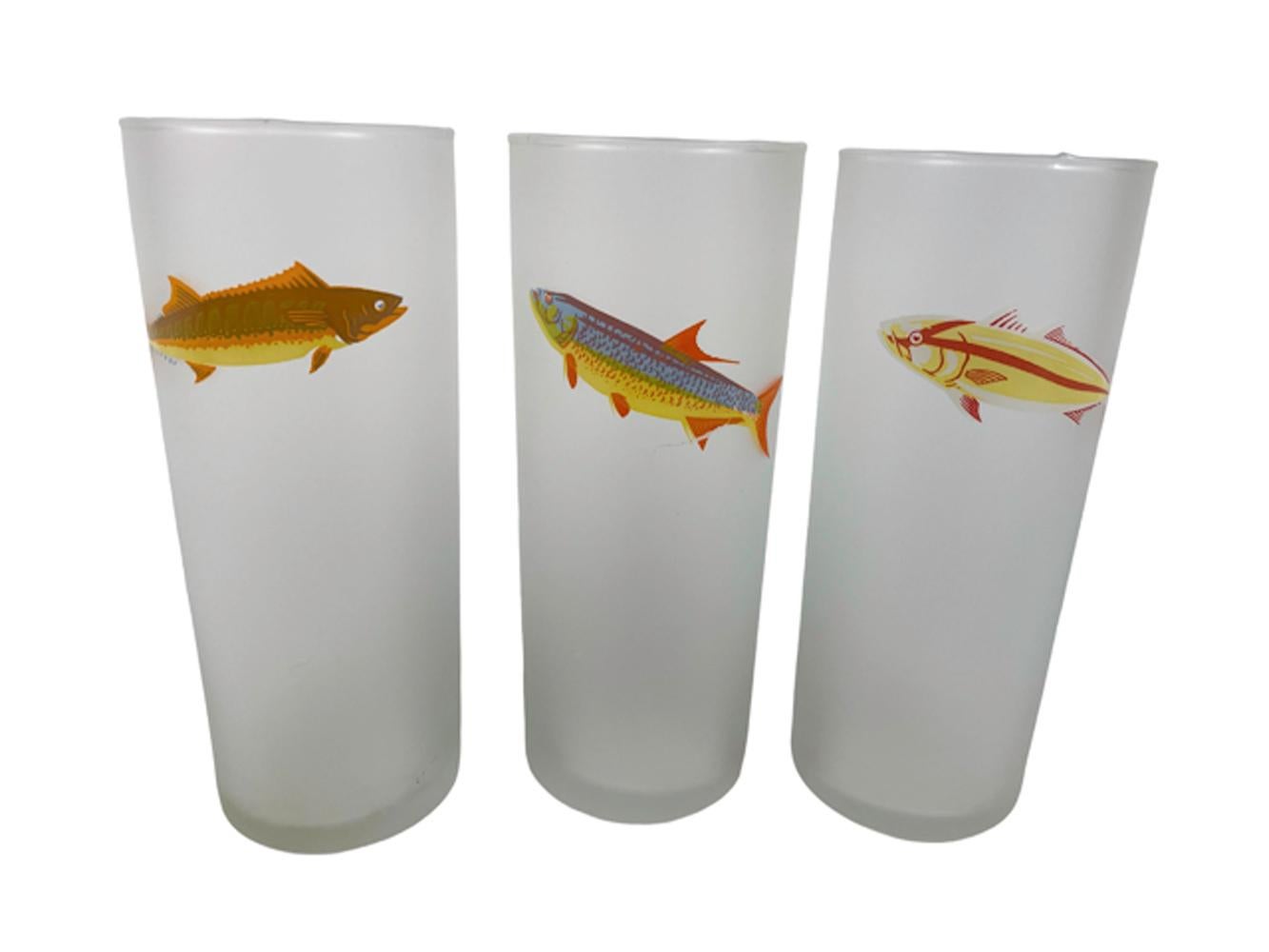 American Six Vintage Libbey Glass Tom Collins Glasses Each with a Different Game Fish For Sale