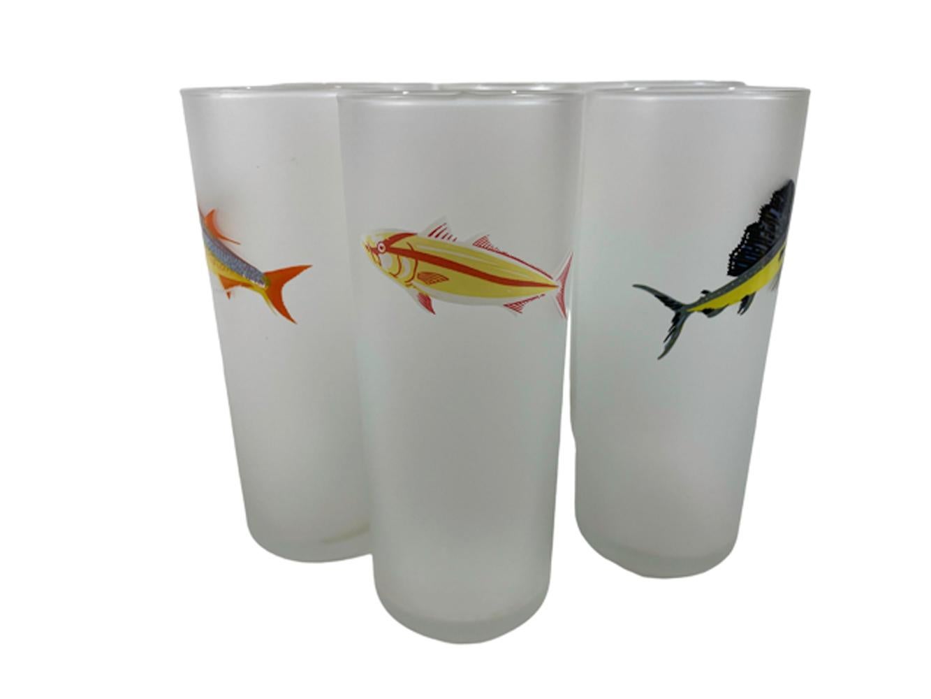 Six Vintage Libbey Glass Tom Collins Glasses Each with a Different Game Fish In Good Condition For Sale In Nantucket, MA