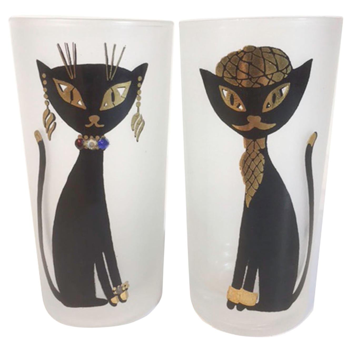 Six Vintage Maida Amour Design Siamese Cat Highball Cocktail Glasses