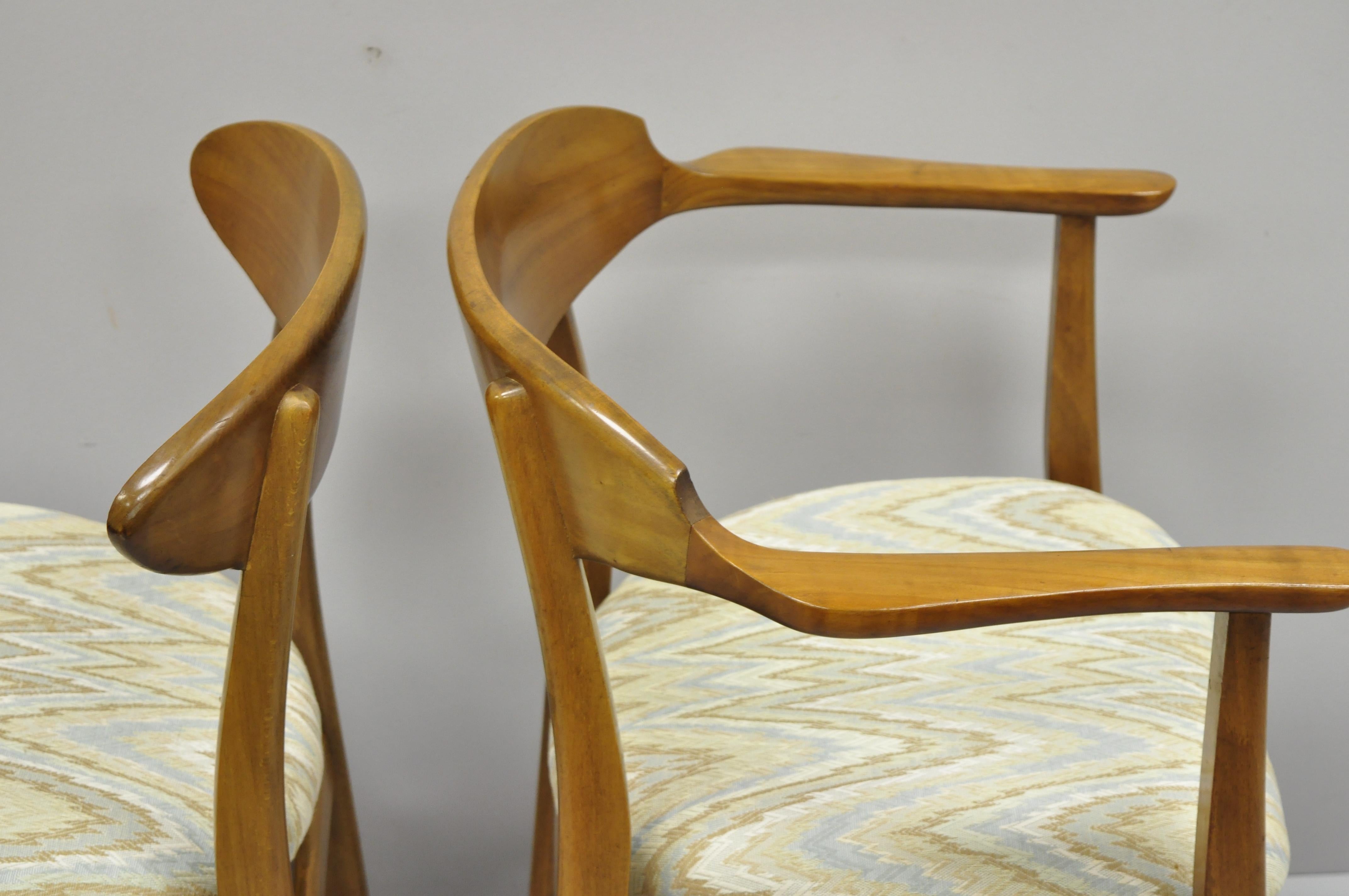 Six Vintage Mid-Century Modern Sculpted Walnut Barrel Back Dining Room Chairs In Good Condition In Philadelphia, PA