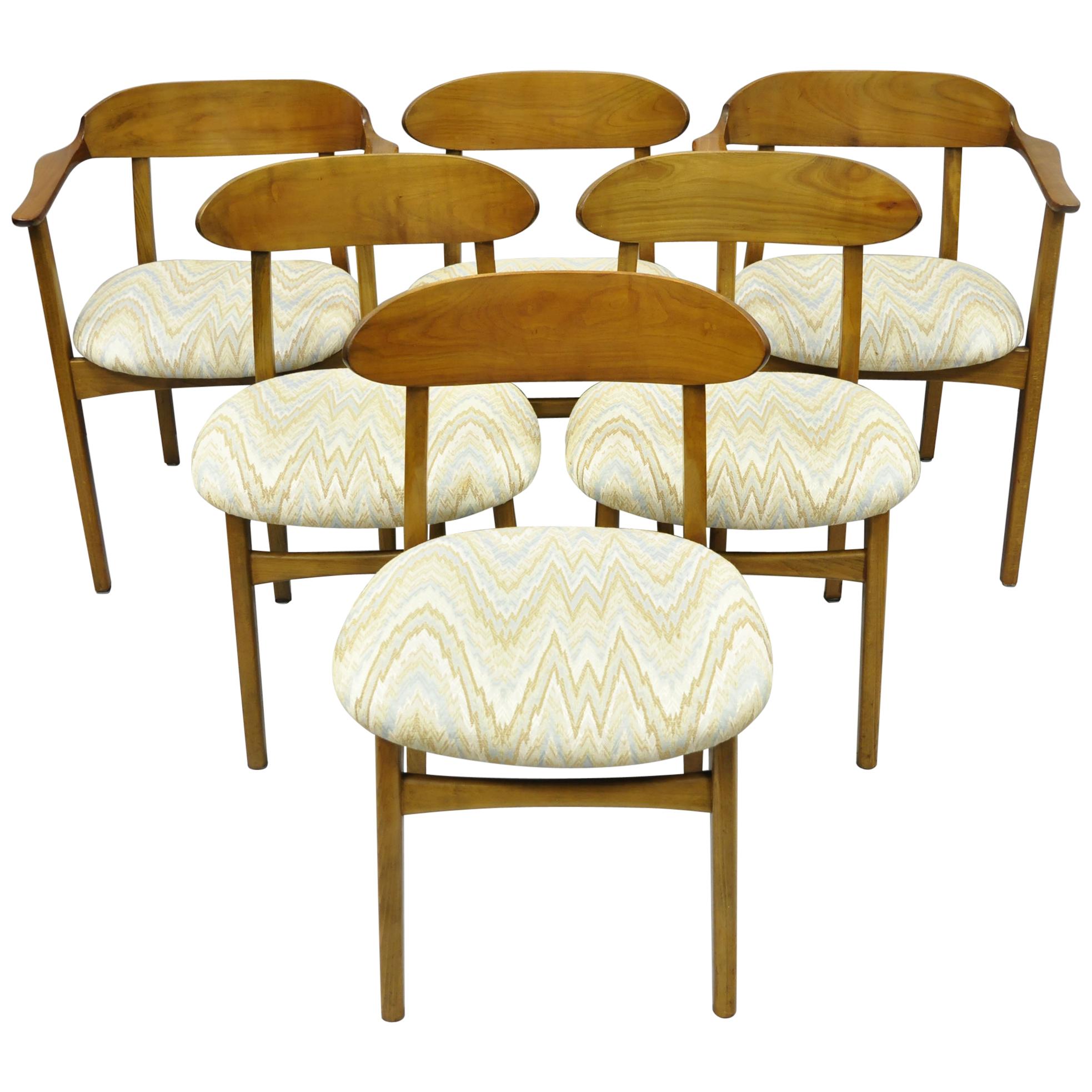 Six Vintage Mid-Century Modern Sculpted Walnut Barrel Back Dining Room Chairs