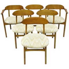 Six Vintage Mid-Century Modern Sculpted Walnut Barrel Back Dining Room Chairs