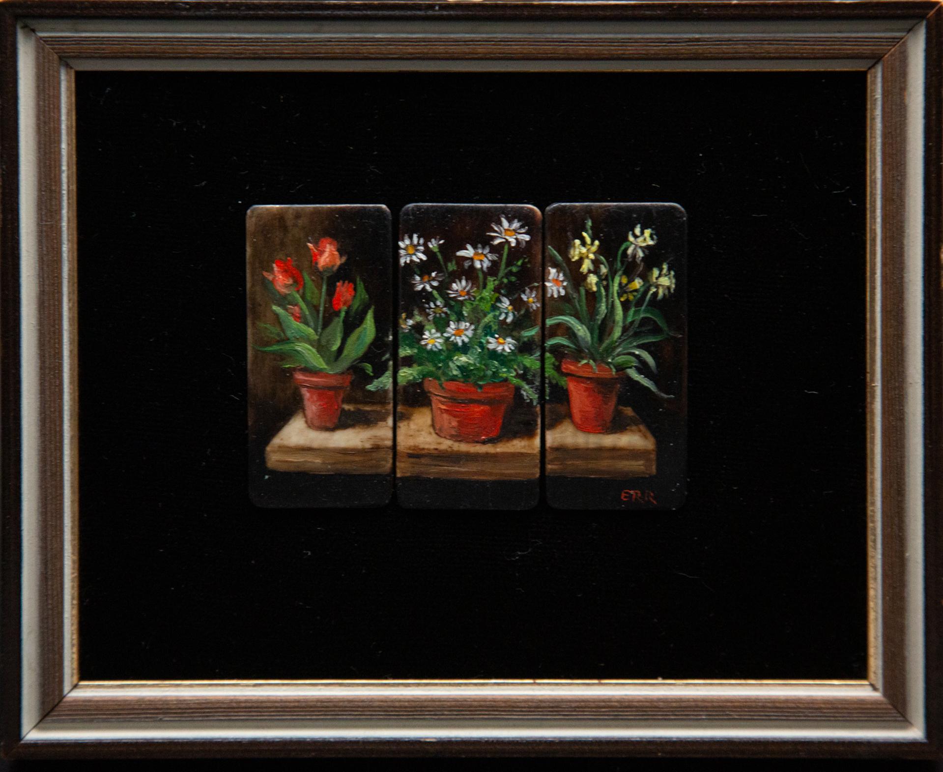 Six vintage miniature still life paintings of flowers. Mounted on velvet in frame. Still lives include roses, daffodils, tulips, and more botanicals. Signed Elizabeth Rhine Ruhle (5.5