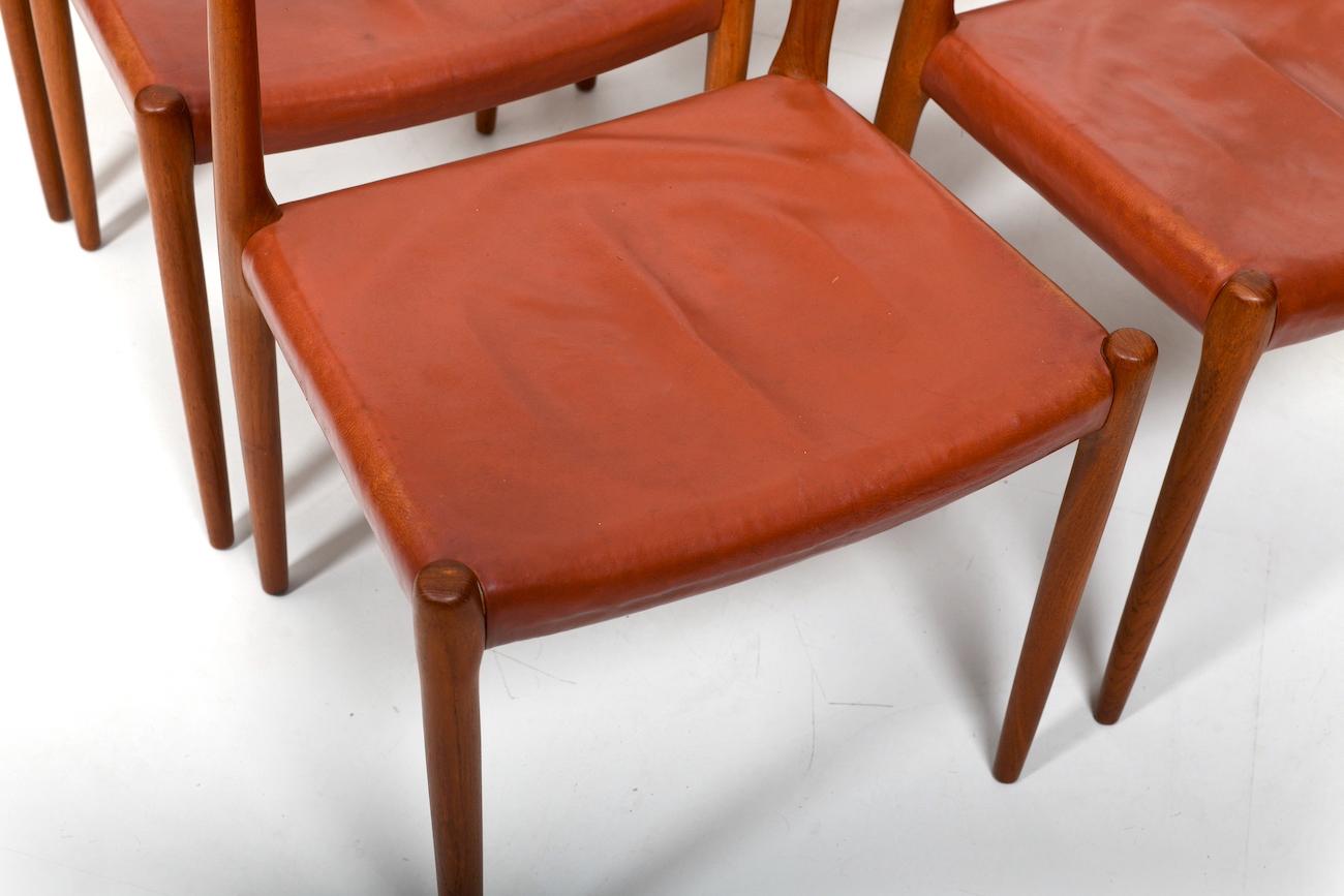 Six vintage Niels O. Møller Teak and Indian Red Leather Chairs For Sale 3