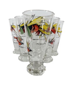 Six Vintage Pilsner Glasses with Hand Painted Fly Fishing Lures