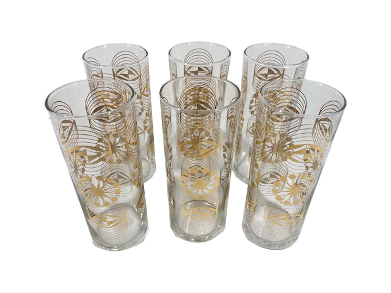 Set of 6 highball glasses by Ravenhead, decorated with 22 karat gold in geometric patterns of the atomic period.
