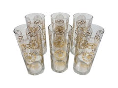 Six Vintage Ravenhead Highball Glasses with 22k Gold Geometric Designs