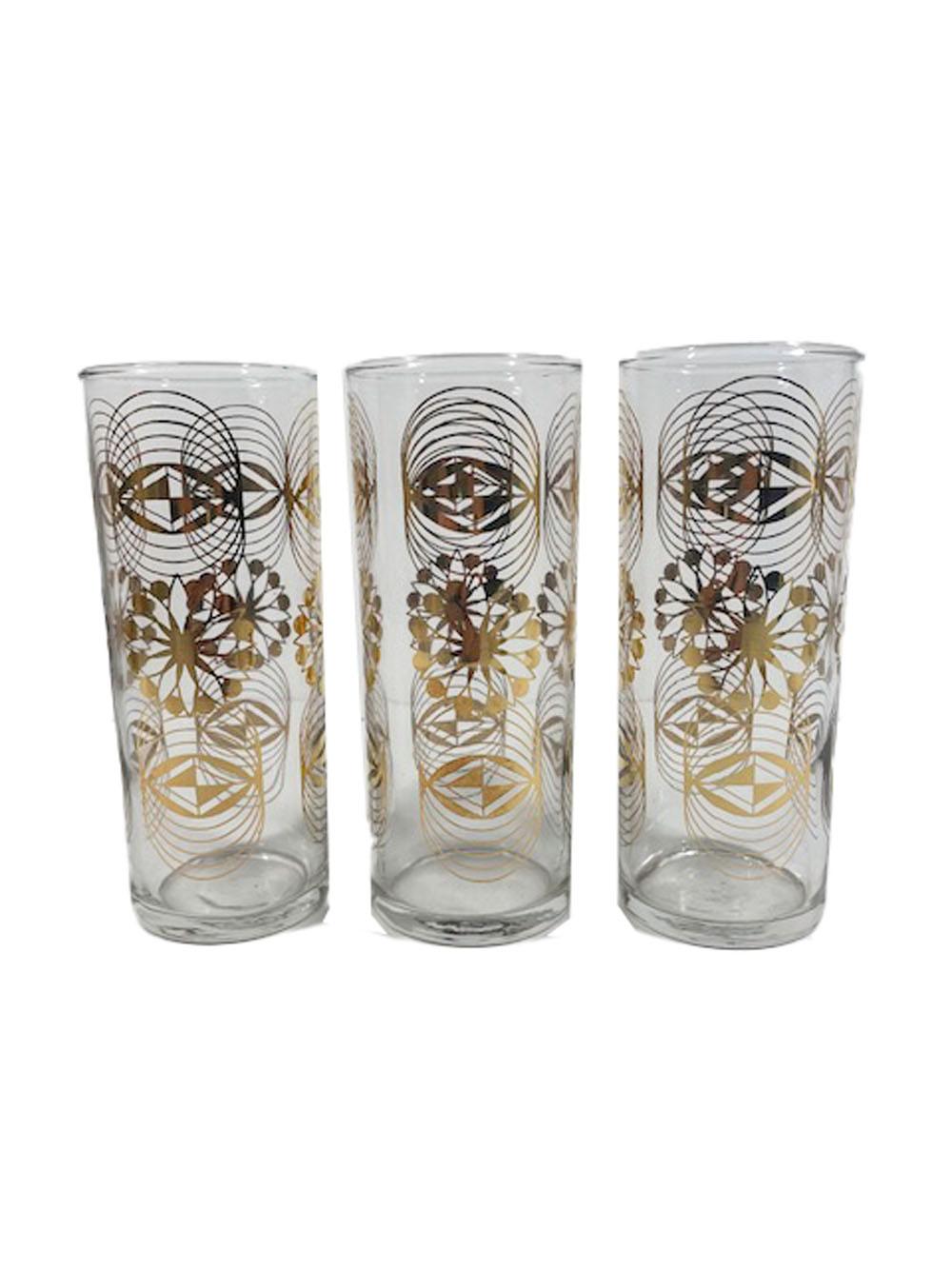 Mid-Century Modern Six Vintage Ravenhead Highball Glasses with 22k Gold Geometric Designs For Sale