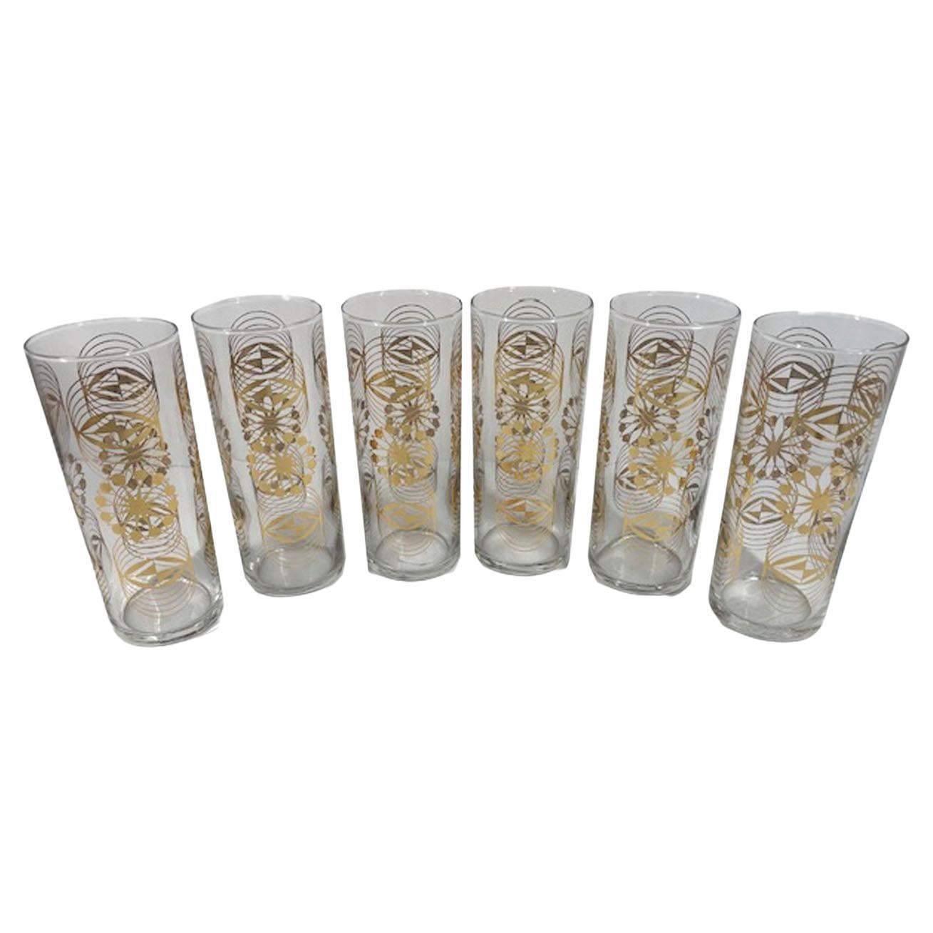 Six Vintage Ravenhead Highball Glasses with 22k Gold Geometric Designs