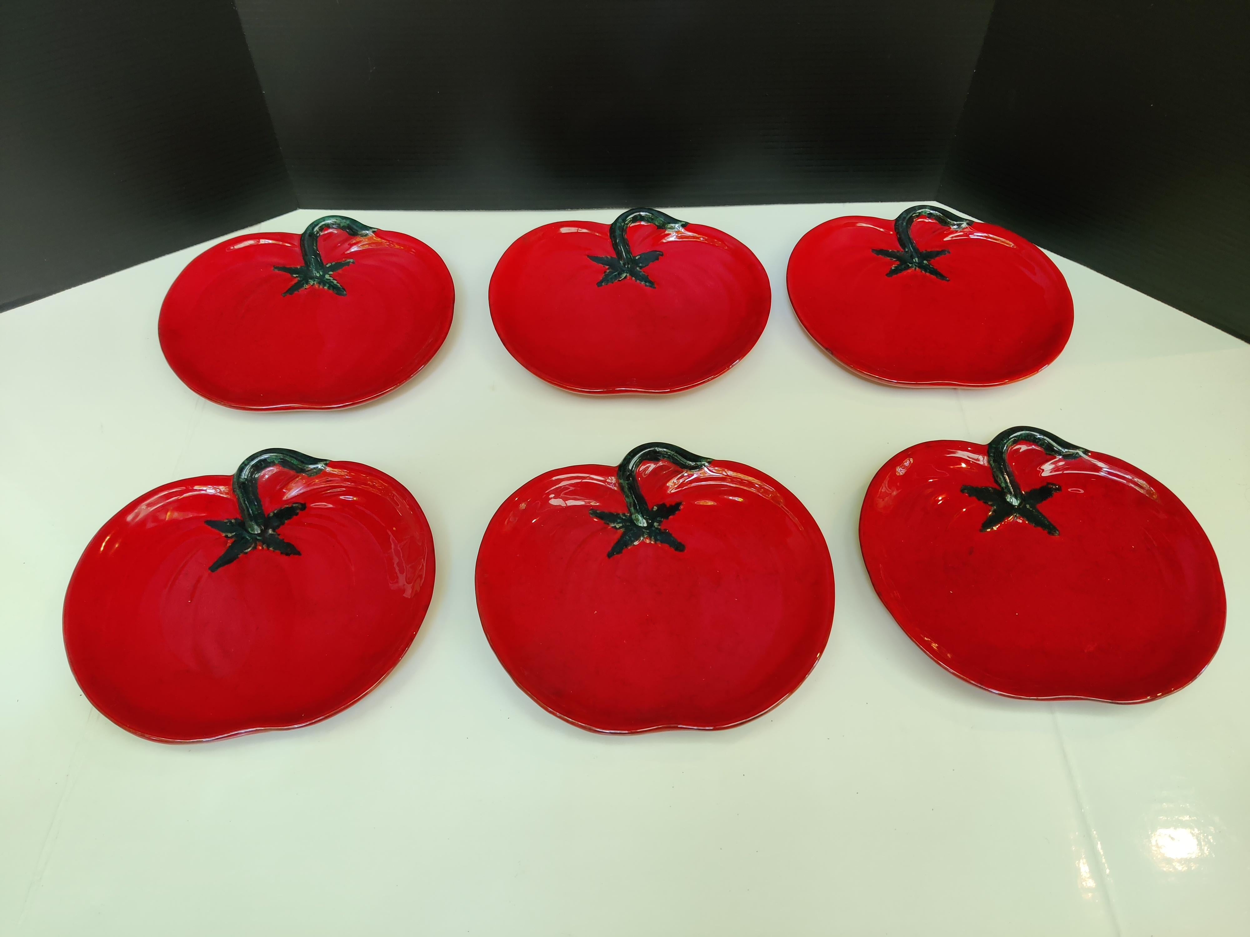 Italian Six Vintage Red Majolica Ceramic Tomato Lunch/Salad Plates