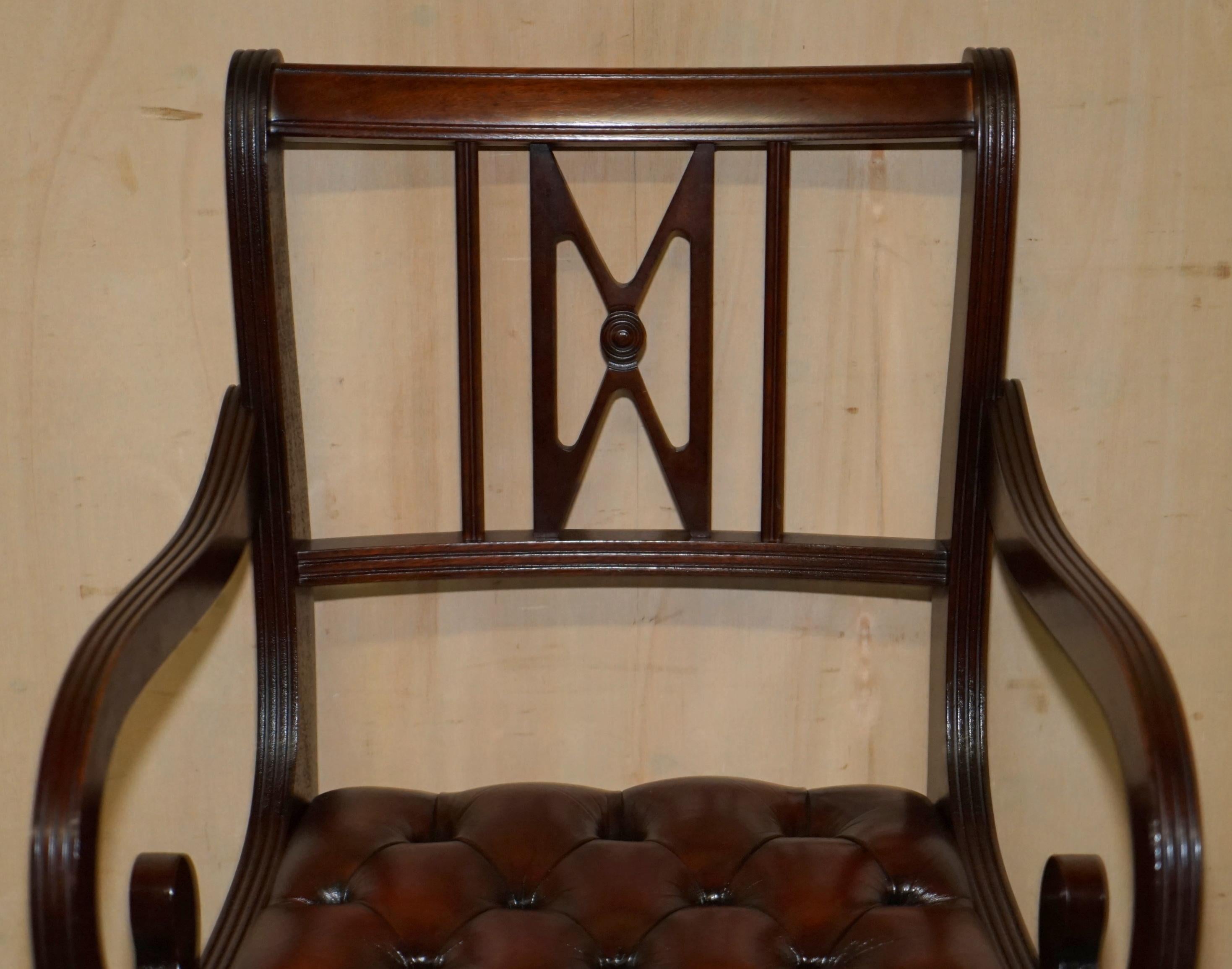 Hand-Crafted Six Vintage Restored Hand Dyed Brown Leather Chesterfield Tufted Dining Chairs For Sale