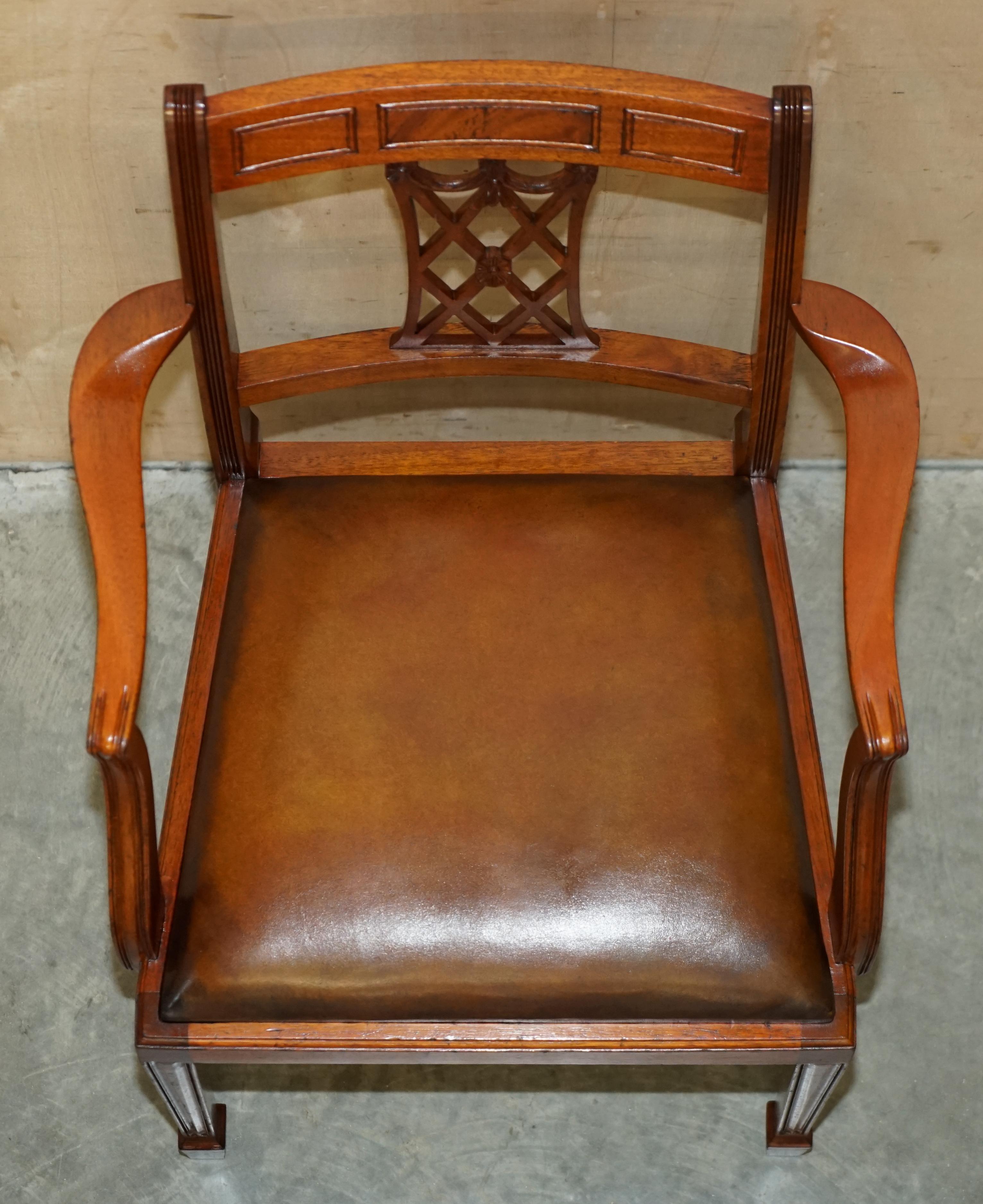 Six Vintage Restored Hand Dyed Brown Leather Hand Carved Frame Dining Chairs For Sale 6
