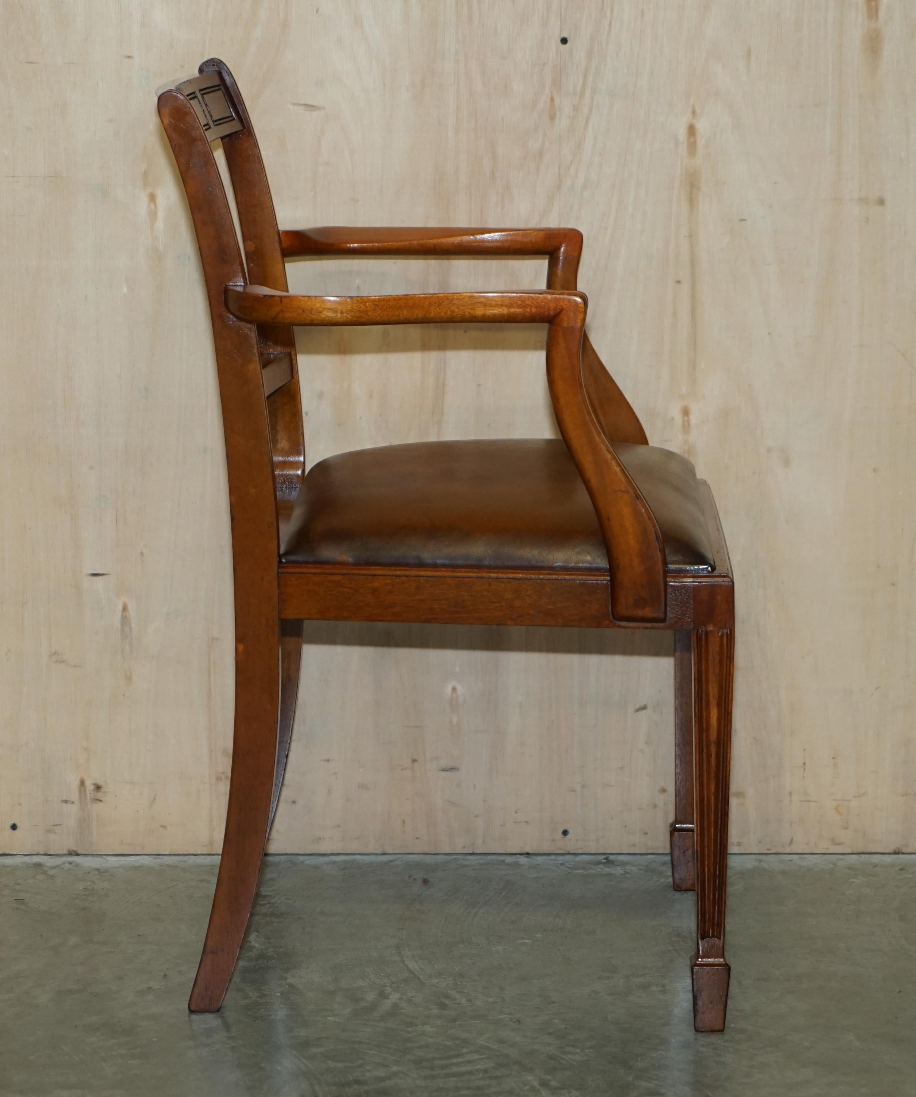 Six Vintage Restored Hand Dyed Brown Leather Hand Carved Frame Dining Chairs For Sale 8