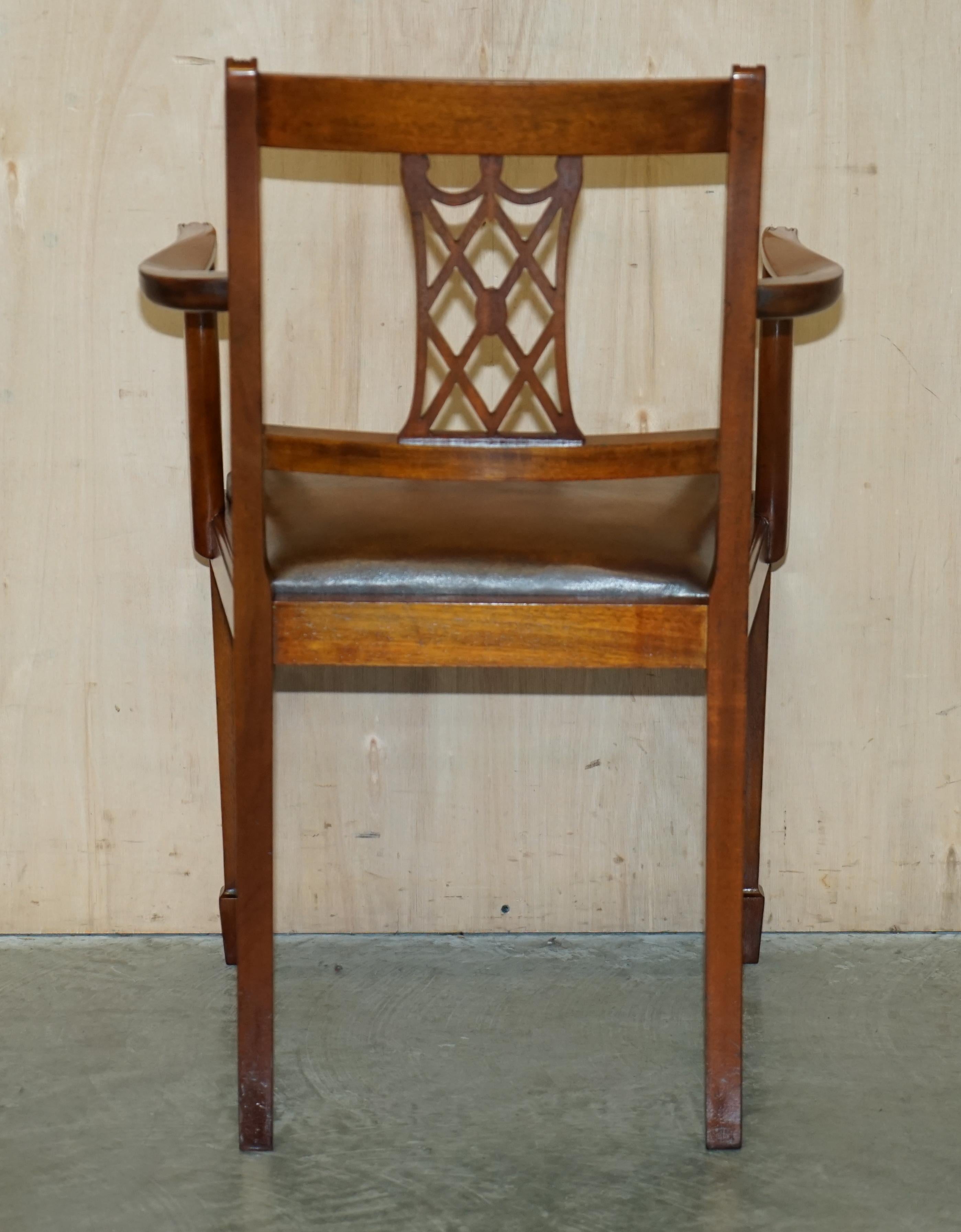 Six Vintage Restored Hand Dyed Brown Leather Hand Carved Frame Dining Chairs For Sale 9