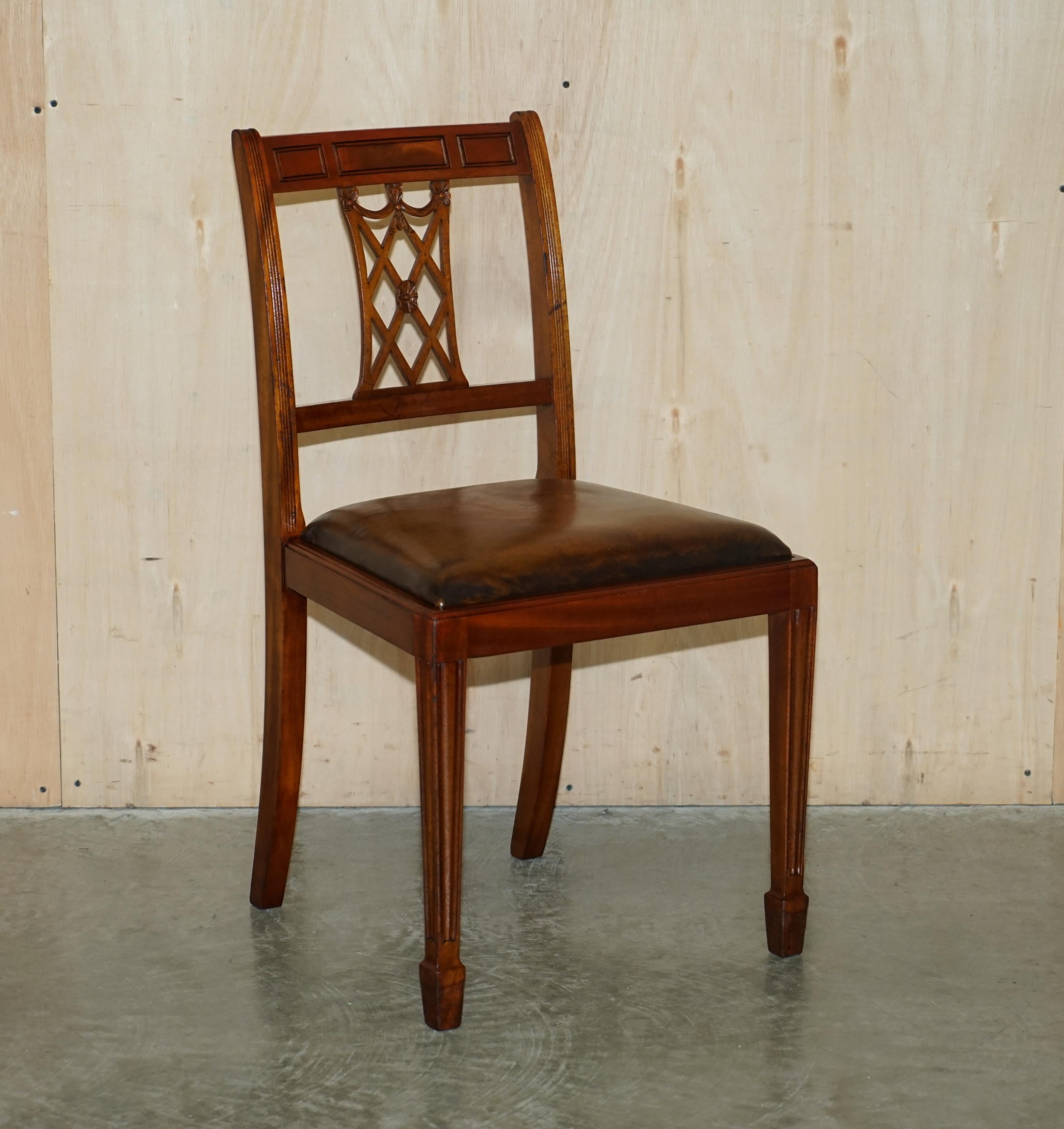 Six Vintage Restored Hand Dyed Brown Leather Hand Carved Frame Dining Chairs For Sale 10