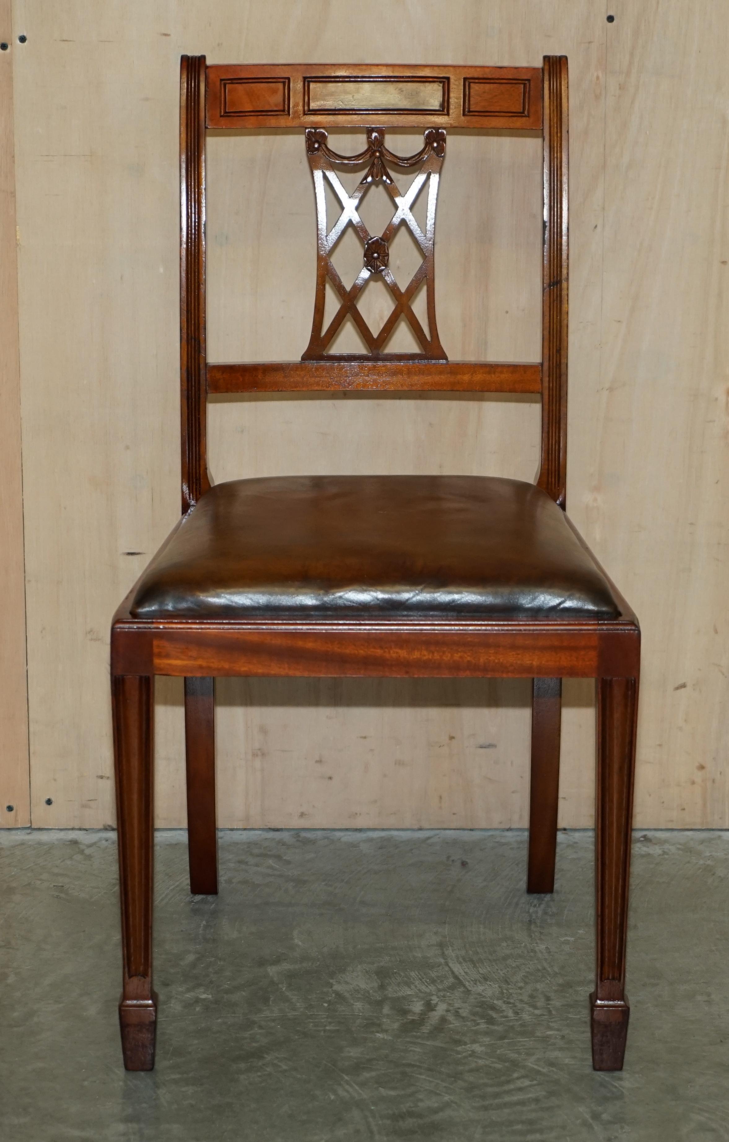 Six Vintage Restored Hand Dyed Brown Leather Hand Carved Frame Dining Chairs For Sale 11