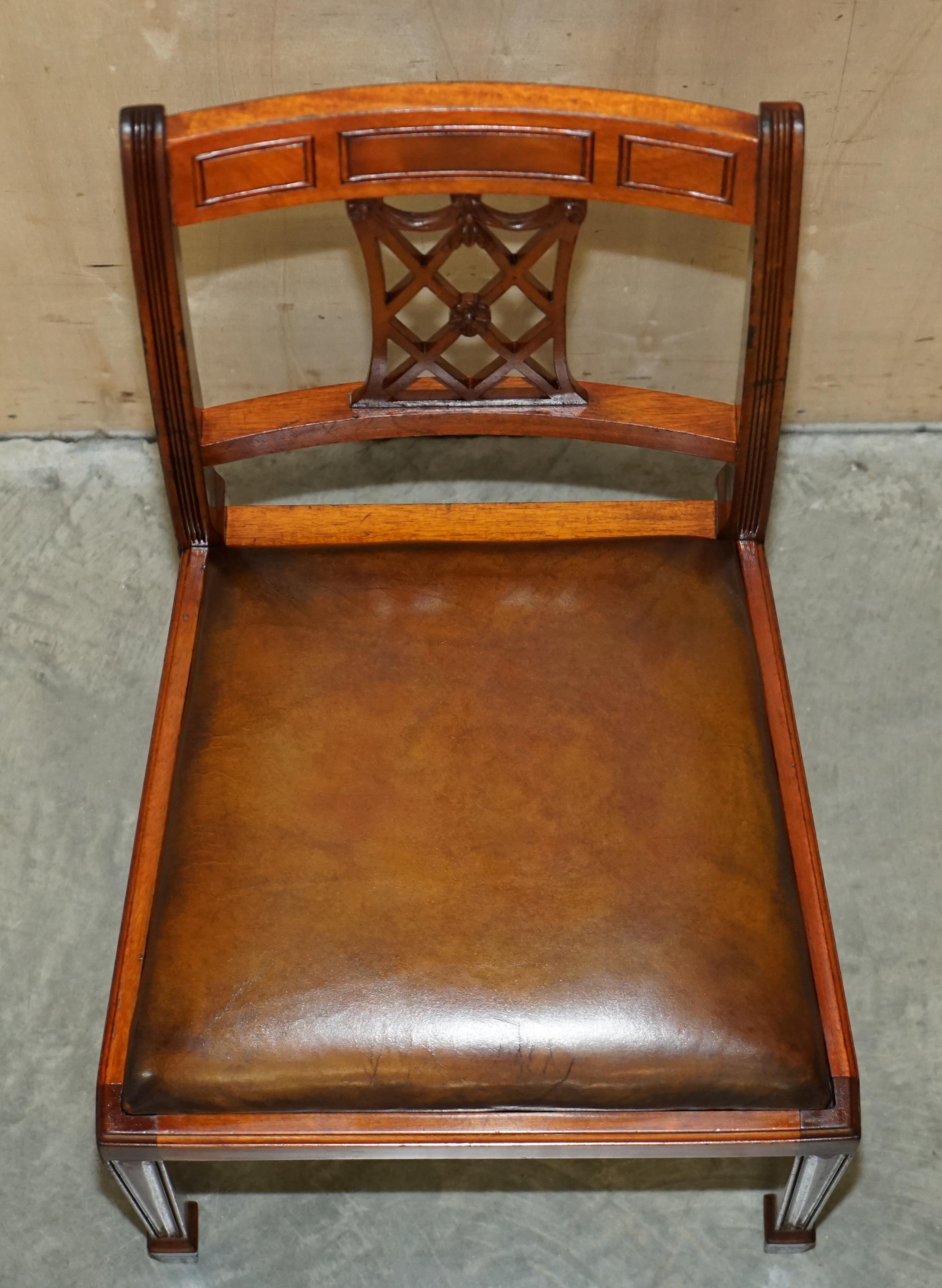 Six Vintage Restored Hand Dyed Brown Leather Hand Carved Frame Dining Chairs For Sale 12