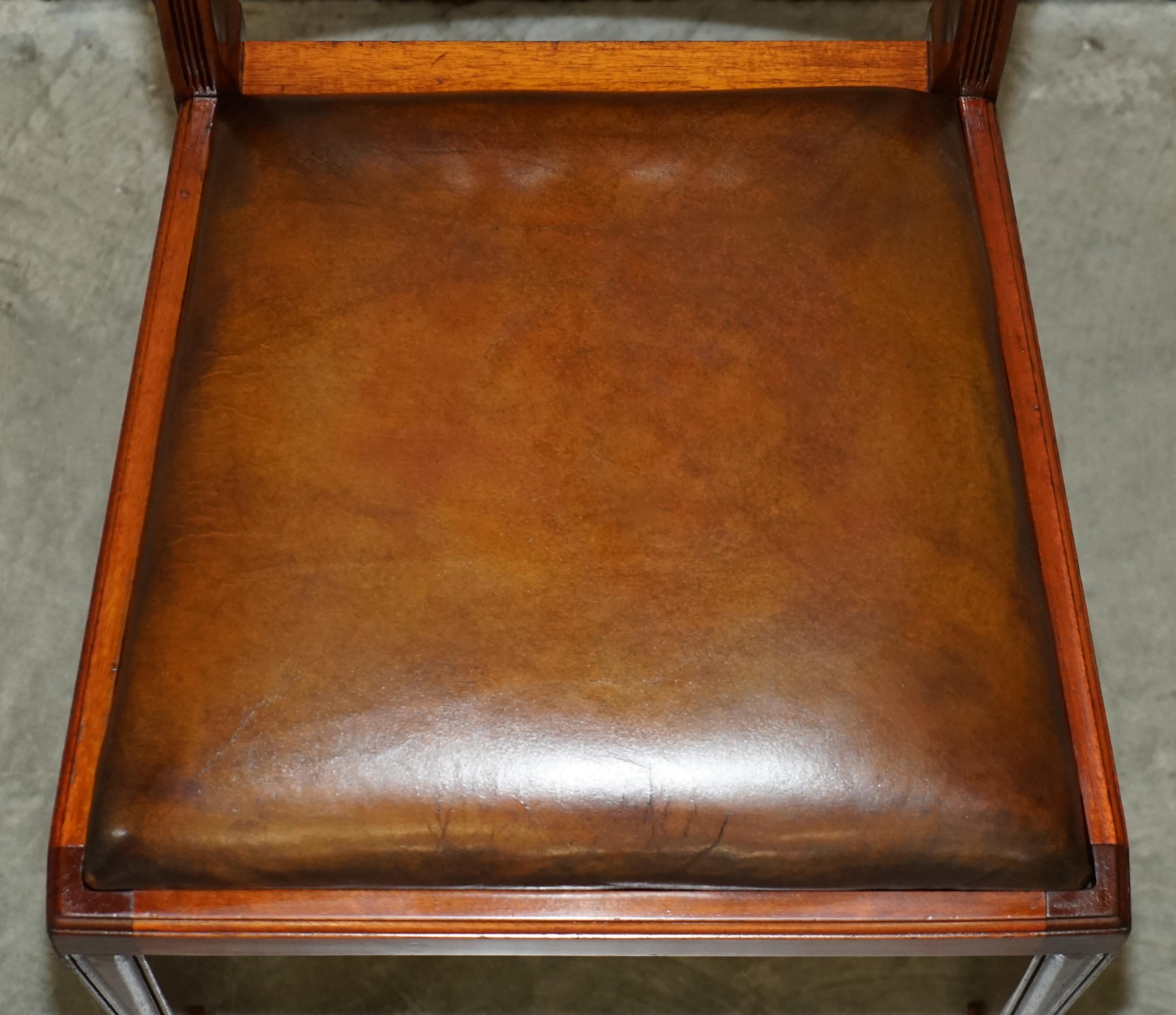 Six Vintage Restored Hand Dyed Brown Leather Hand Carved Frame Dining Chairs For Sale 13