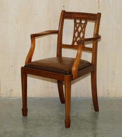 Six Vintage Restored Hand Dyed Brown Leather Hand Carved Frame Dining Chairs