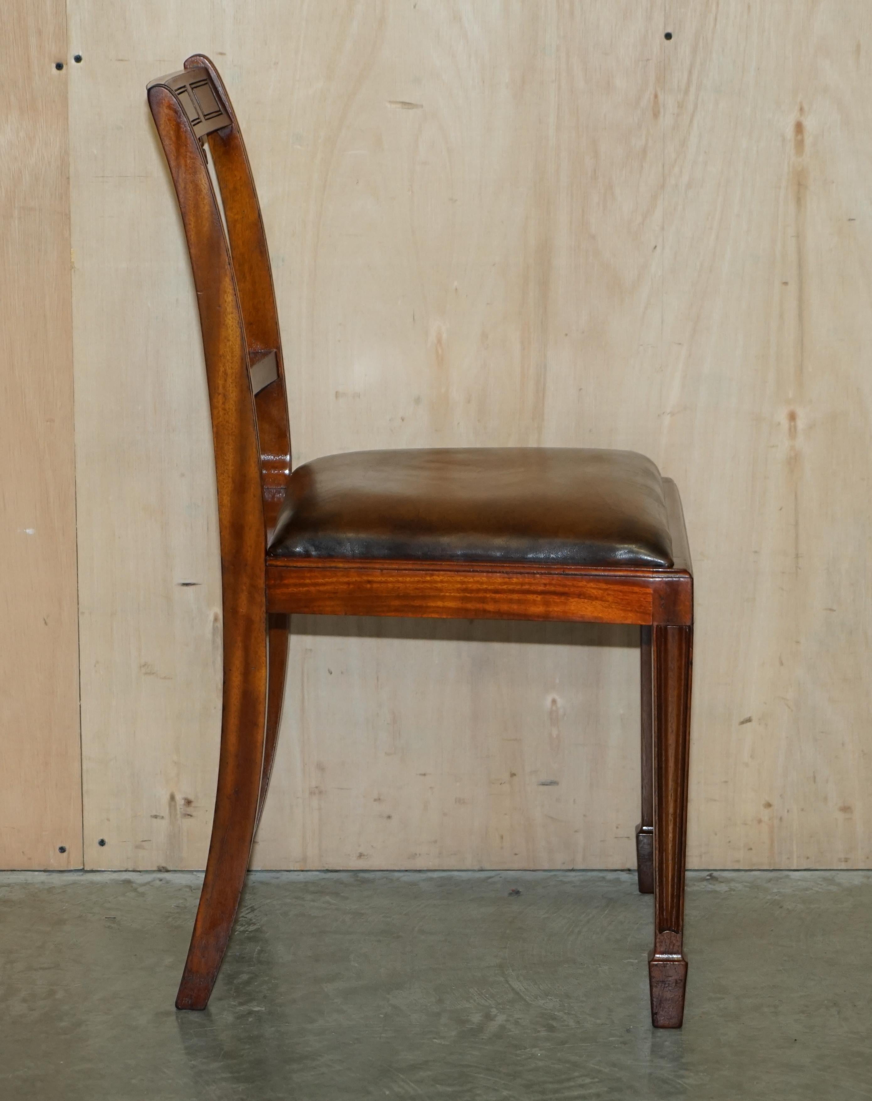 Six Vintage Restored Hand Dyed Brown Leather Hand Carved Frame Dining Chairs For Sale 14