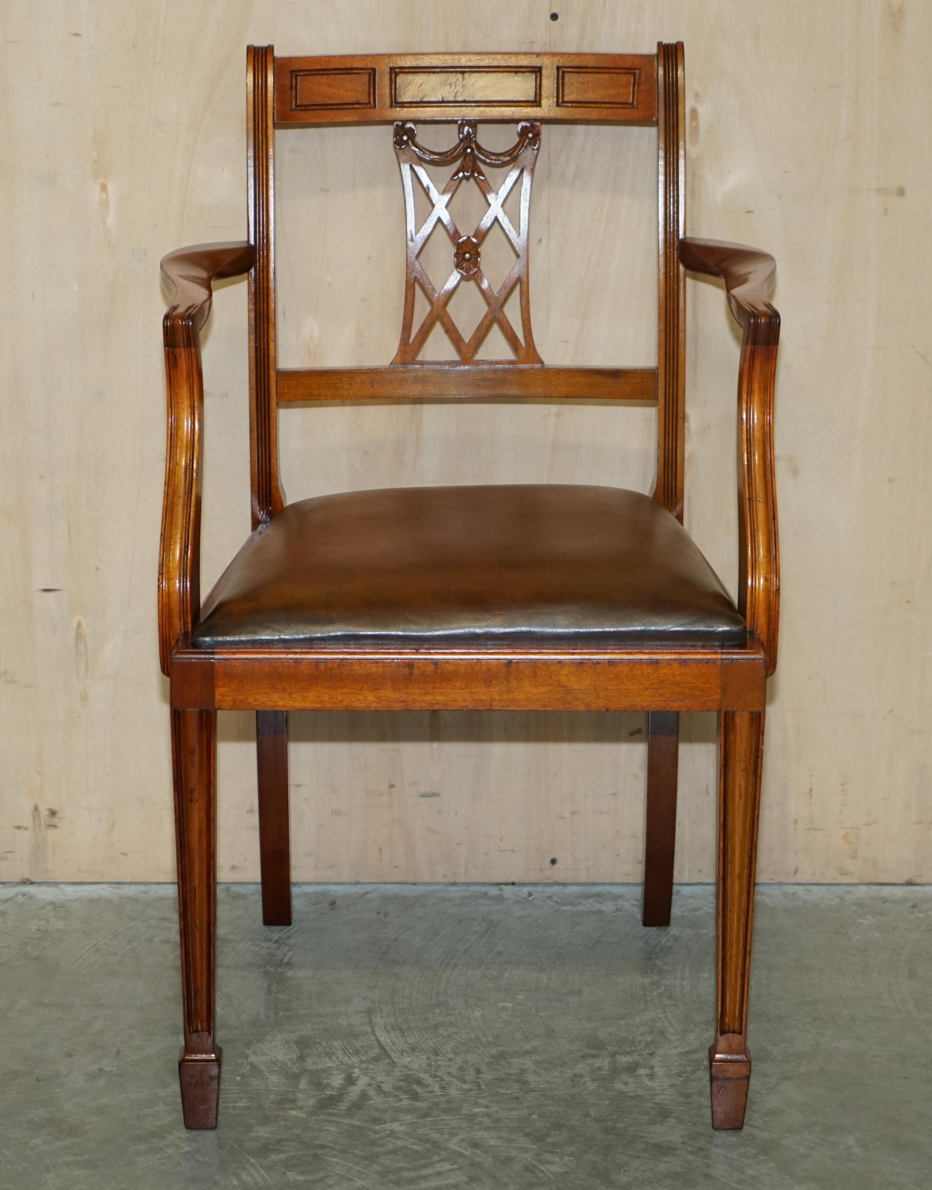 Art Deco Six Vintage Restored Hand Dyed Brown Leather Hand Carved Frame Dining Chairs For Sale
