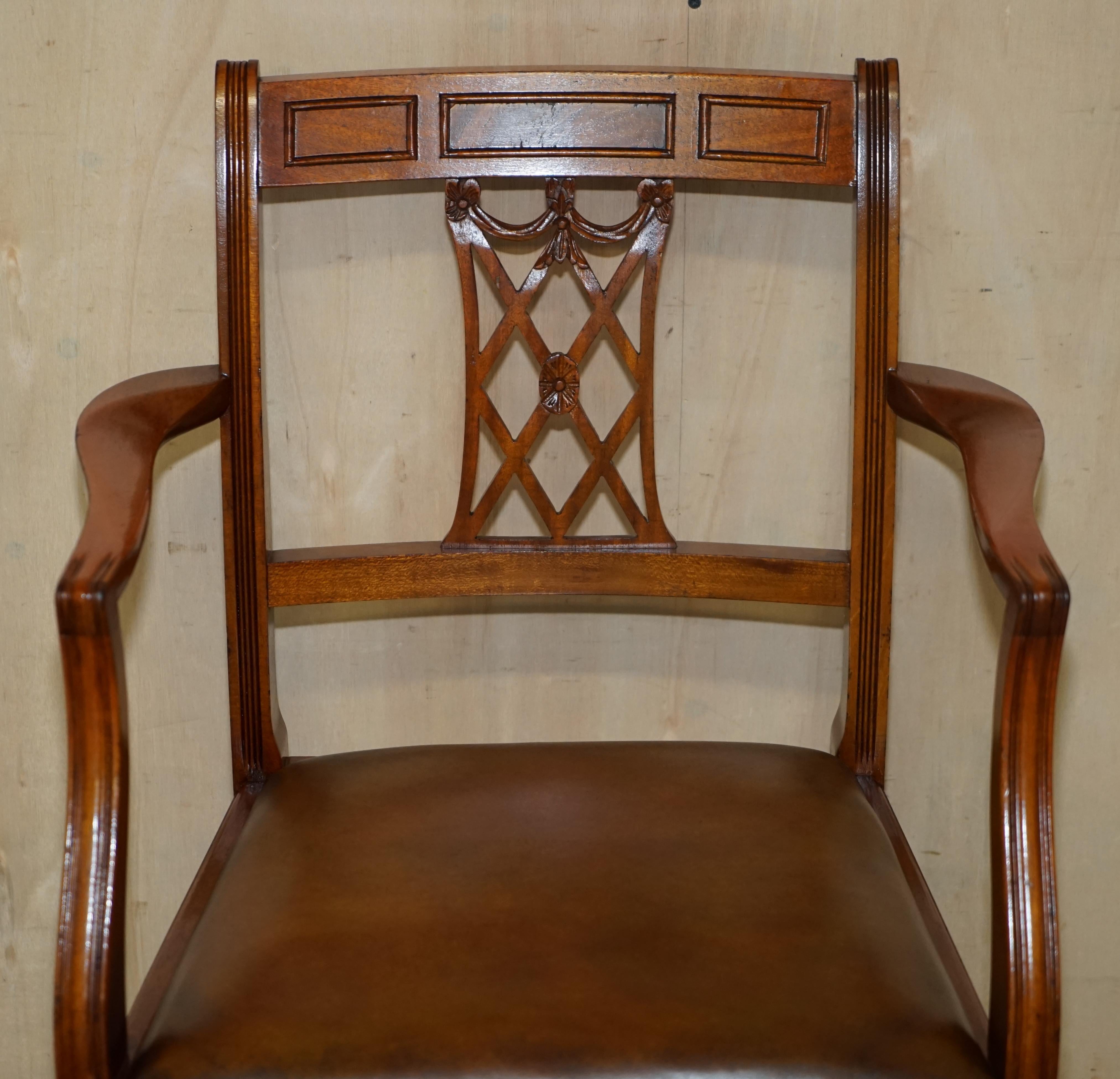 English Six Vintage Restored Hand Dyed Brown Leather Hand Carved Frame Dining Chairs For Sale