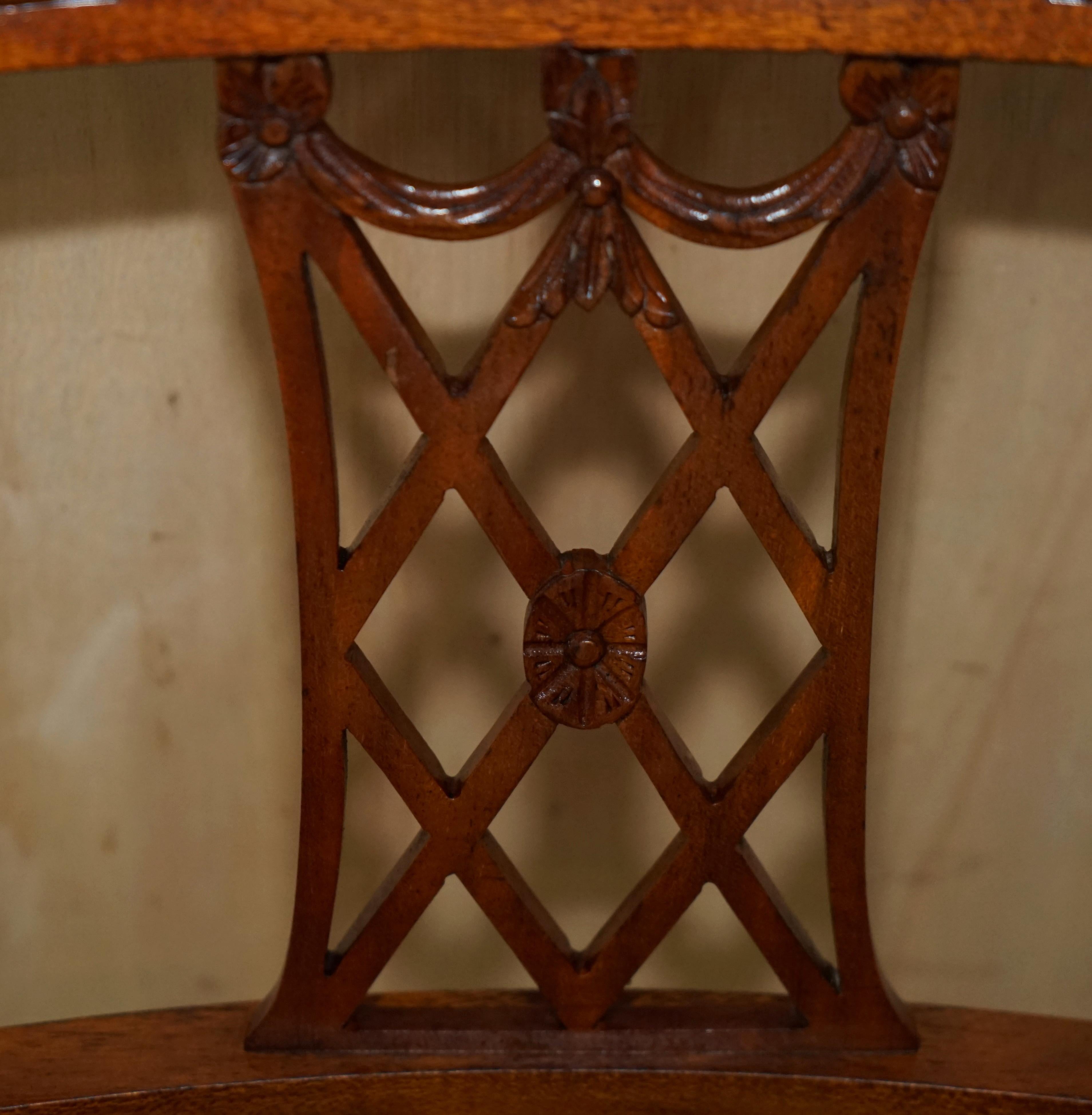 Six Vintage Restored Hand Dyed Brown Leather Hand Carved Frame Dining Chairs For Sale 1