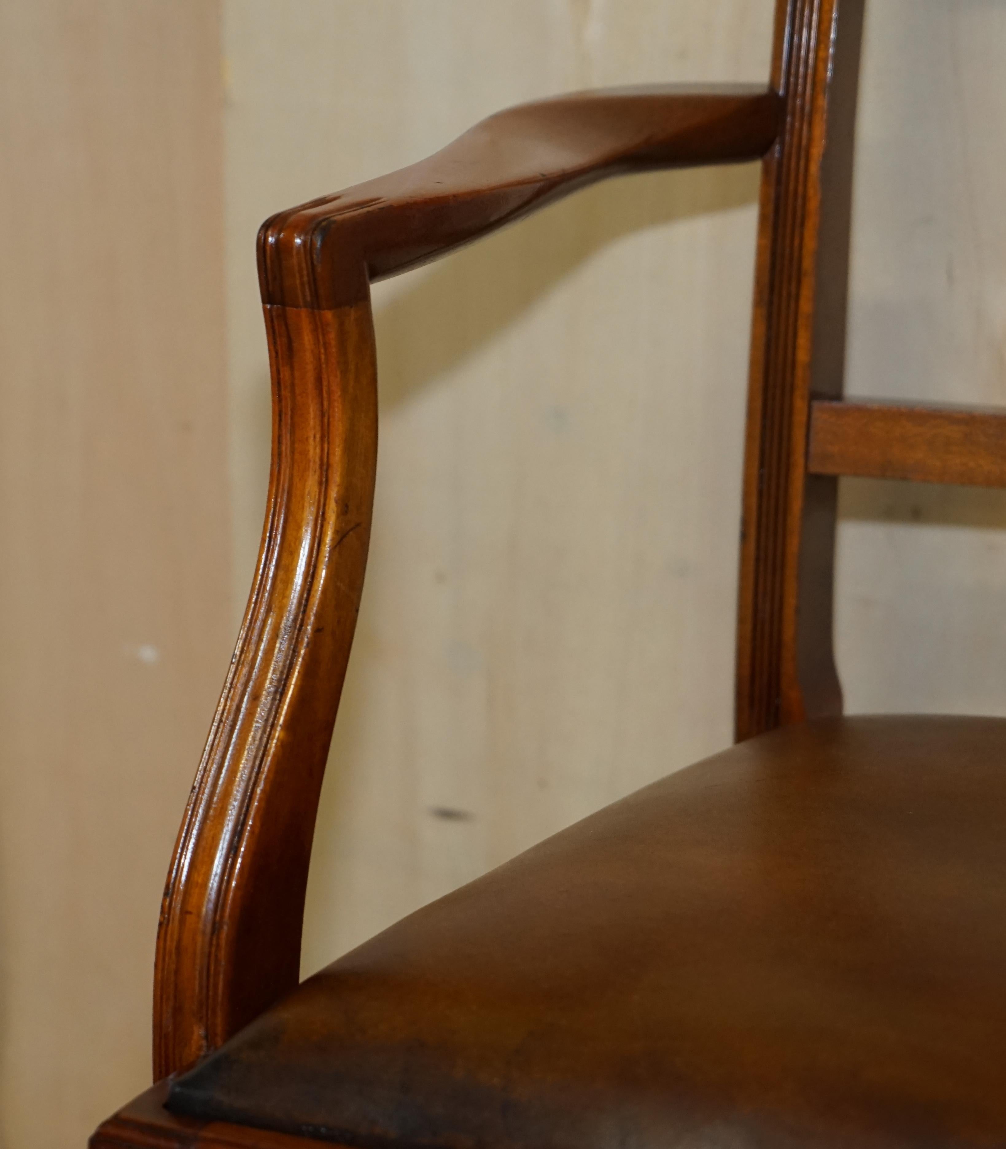 Six Vintage Restored Hand Dyed Brown Leather Hand Carved Frame Dining Chairs For Sale 2