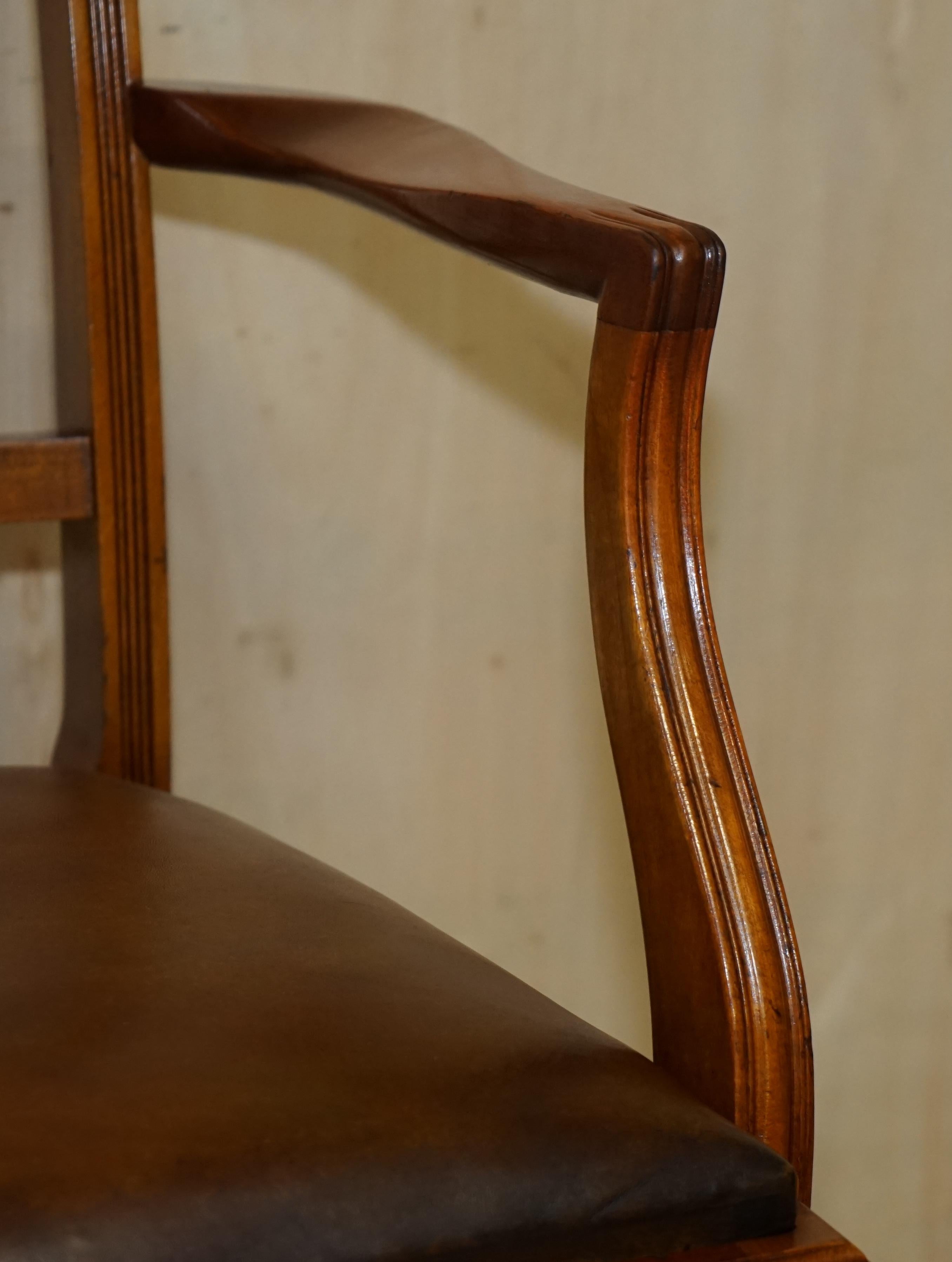 Six Vintage Restored Hand Dyed Brown Leather Hand Carved Frame Dining Chairs For Sale 3