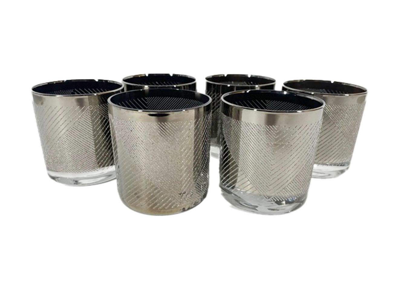 Mid-Century Modern Six Vintage Rocks Glasses in Silver with Patterns of Raised Textured Lines