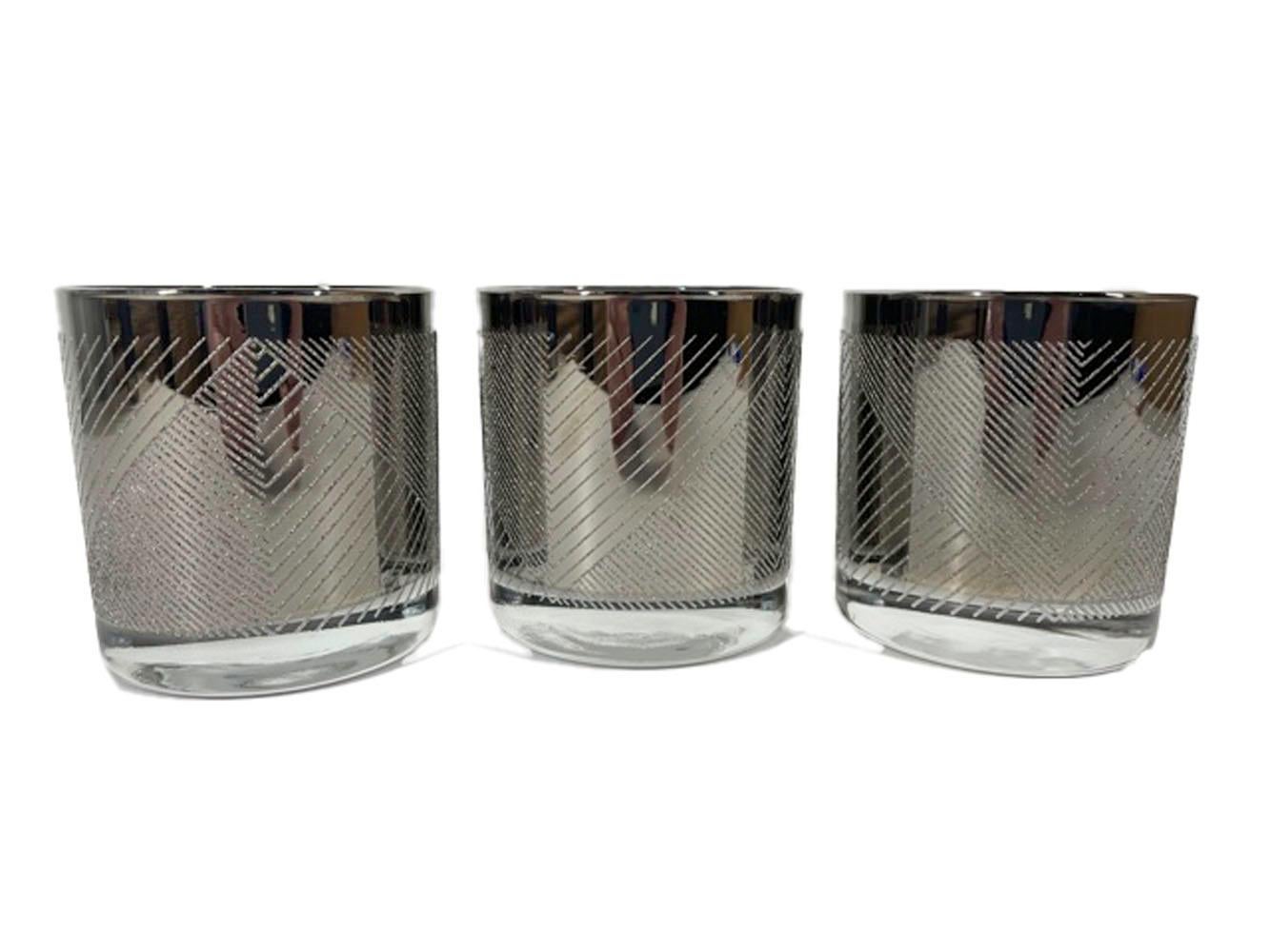 Six Vintage Rocks Glasses in Silver with Patterns of Raised Textured Lines In Good Condition In Nantucket, MA