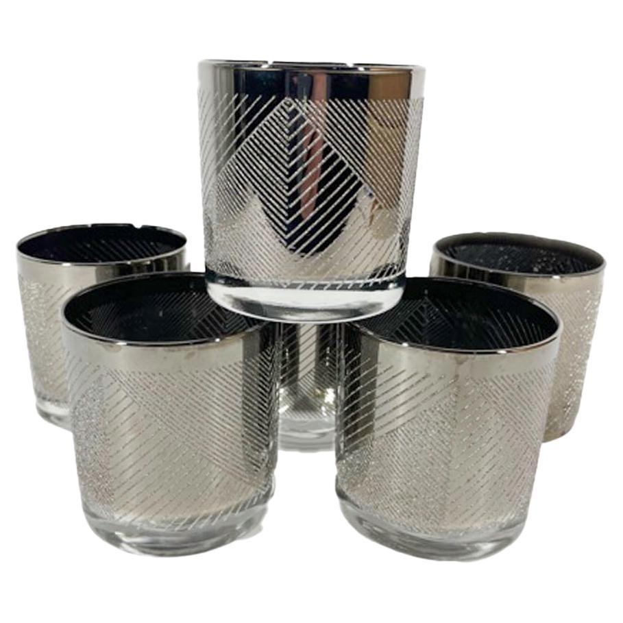 Six Vintage Rocks Glasses in Silver with Patterns of Raised Textured Lines