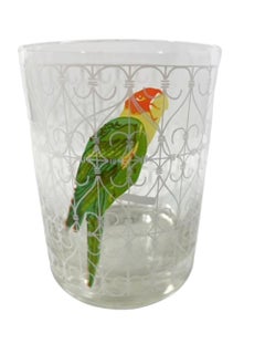 Six Vintage Rocks Glasses with a Parrot in a White Scrollwork Cage by Cera Glass