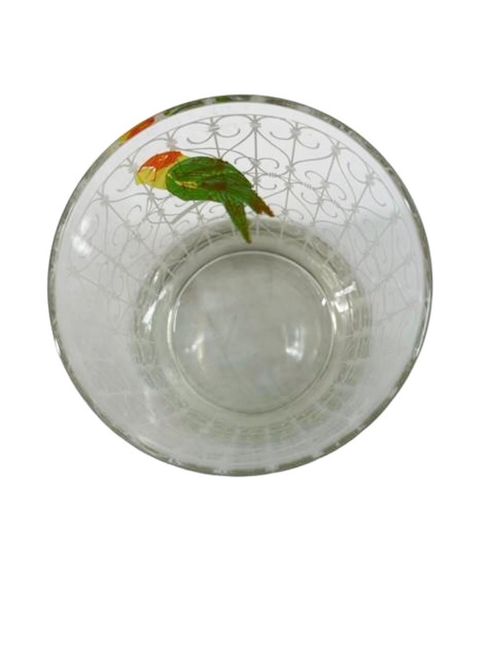 Mid-Century Modern Six Vintage Rocks Glasses with a Parrot in a White Scrollwork Cage by Cera Glass For Sale