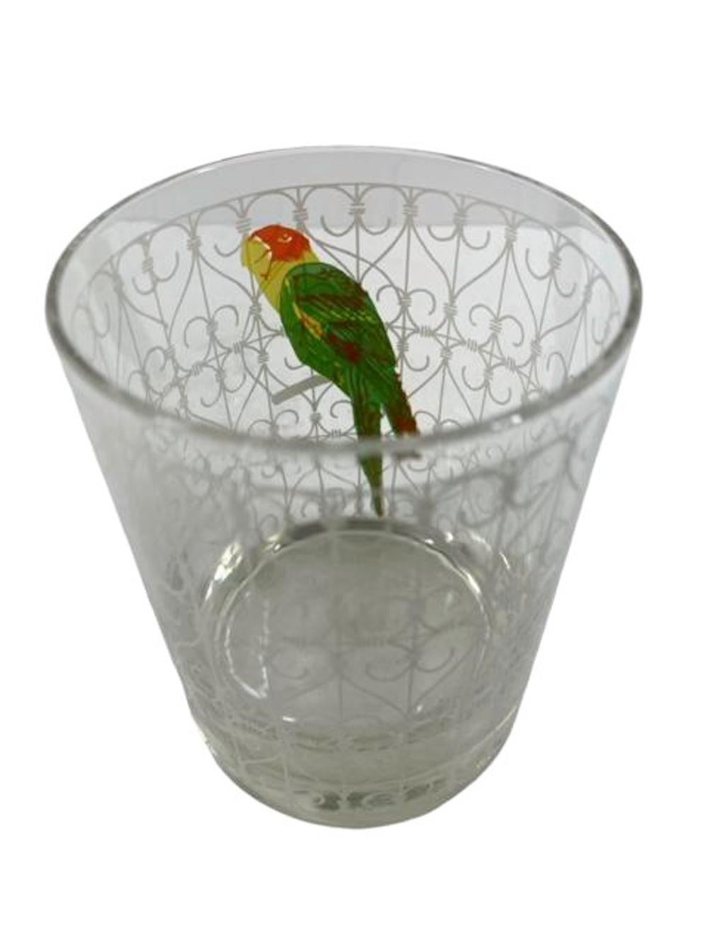 American Six Vintage Rocks Glasses with a Parrot in a White Scrollwork Cage by Cera Glass For Sale