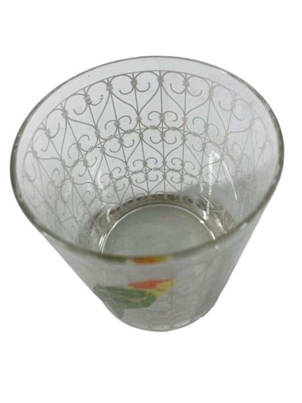 Six Vintage Rocks Glasses with a Parrot in a White Scrollwork Cage by Cera Glass In Good Condition For Sale In Chapel Hill, NC