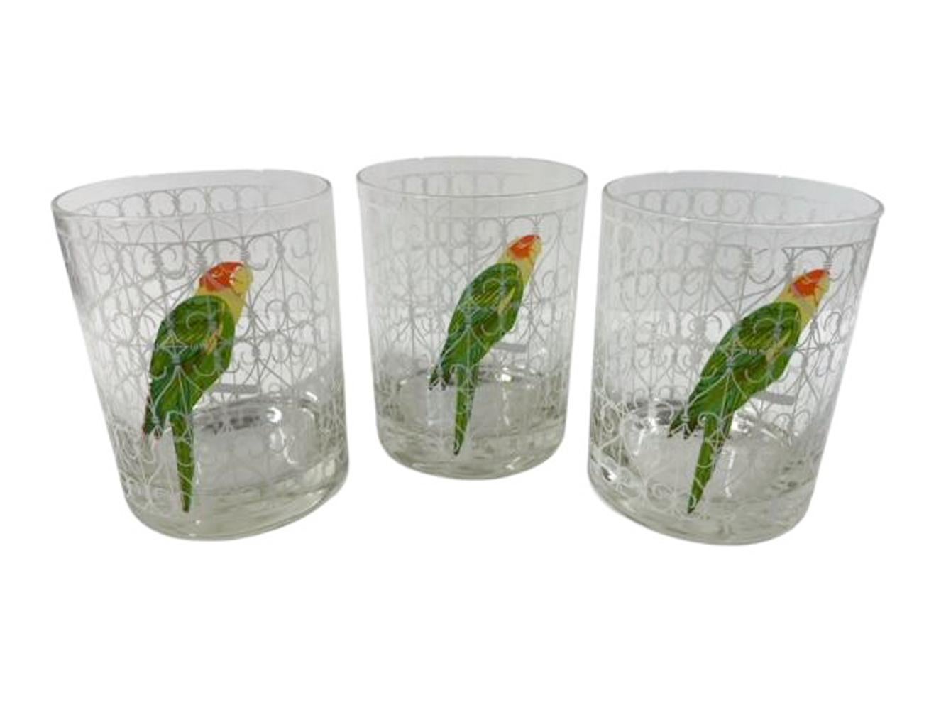 20th Century Six Vintage Rocks Glasses with a Parrot in a White Scrollwork Cage by Cera Glass For Sale