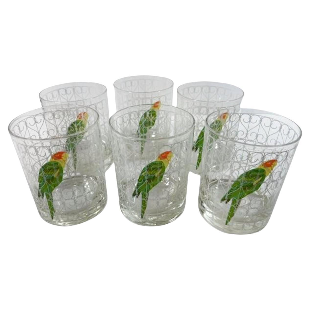 Six Vintage Rocks Glasses with a Parrot in a White Scrollwork Cage by Cera Glass For Sale