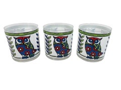 Sechs Vintage-Bergläser mit roten, grünen und blauen Eulen auf weißem Grund von Cera