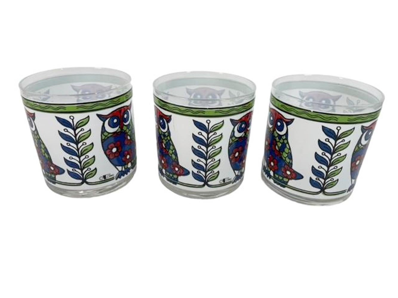Mid-Century Modern Six Vintage Rocks Glasses with Red, Green & Blue Owls on White Ground by Cera For Sale