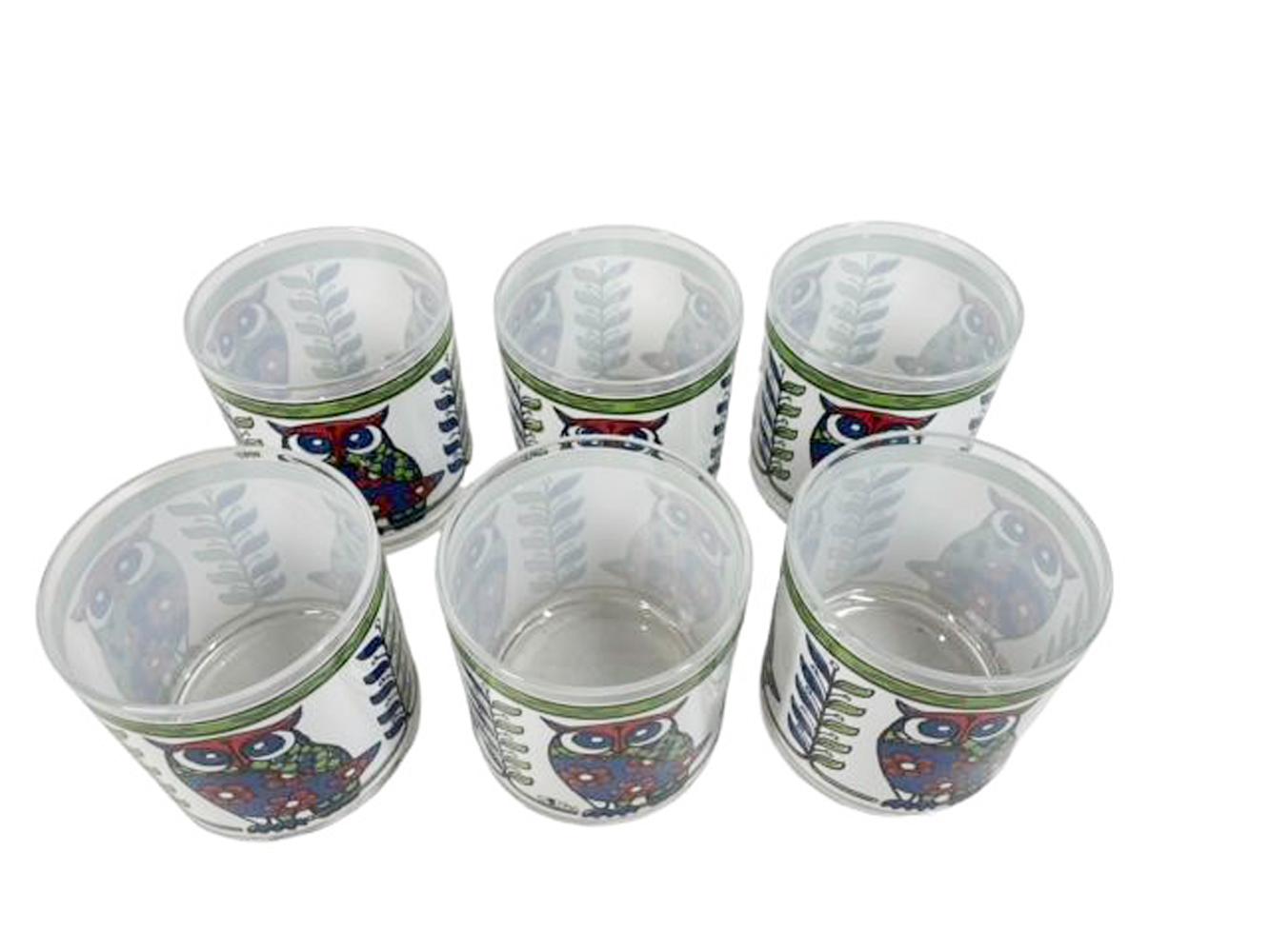 American Six Vintage Rocks Glasses with Red, Green & Blue Owls on White Ground by Cera For Sale
