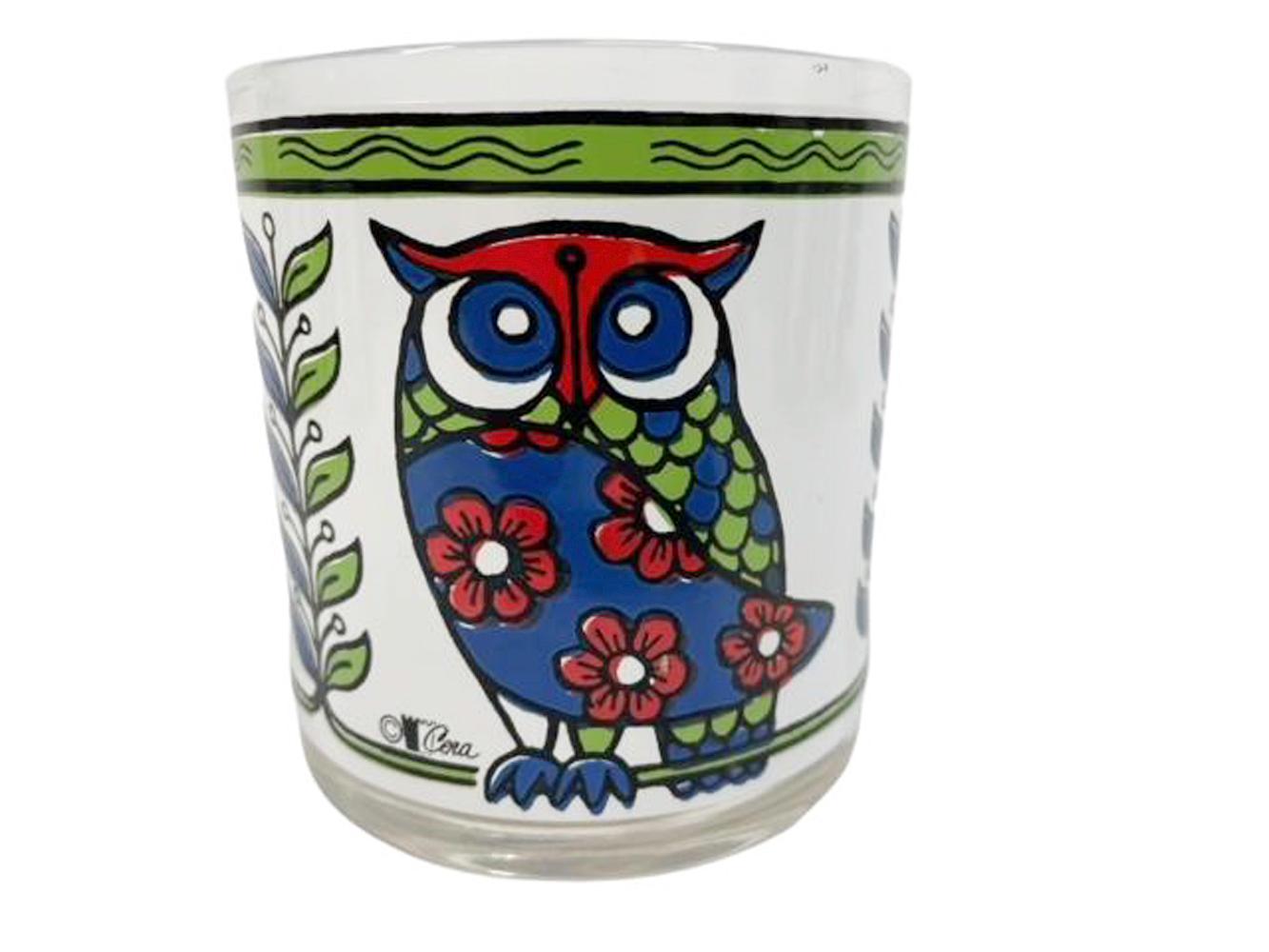 Six Vintage Rocks Glasses with Red, Green & Blue Owls on White Ground by Cera In Good Condition For Sale In Nantucket, MA
