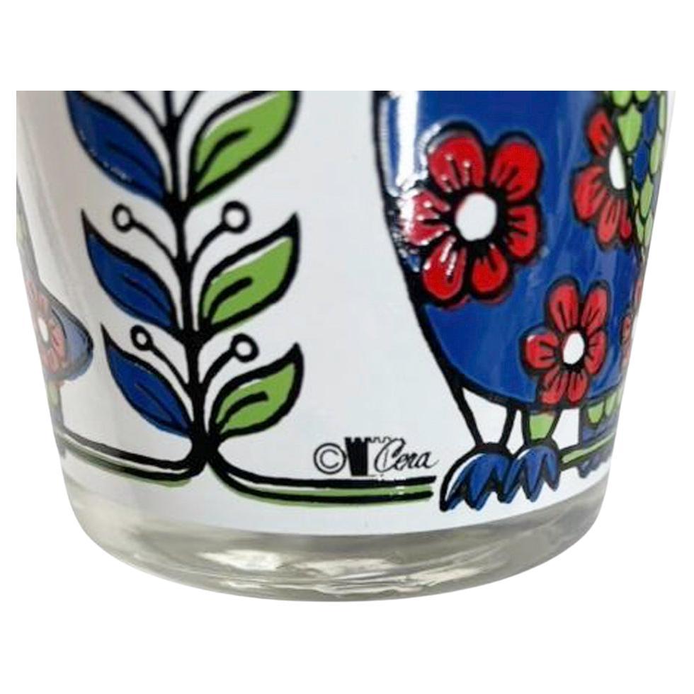 20th Century Six Vintage Rocks Glasses with Red, Green & Blue Owls on White Ground by Cera For Sale
