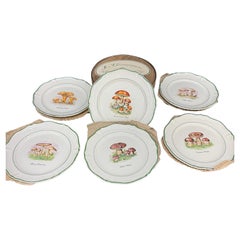 Six Vintage Saint Amand French Mushroom Porcelain Plates, a Set
