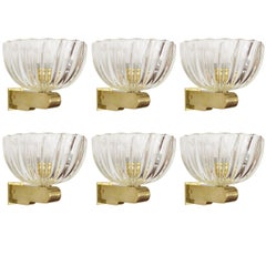 Six Vintage Sconces w/ Clear Murano Glass Designed by Barovier e Toso, 1960s