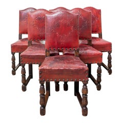 Six Vintage Spanish Dining Chairs Aniline Red Leather, Mid-Century