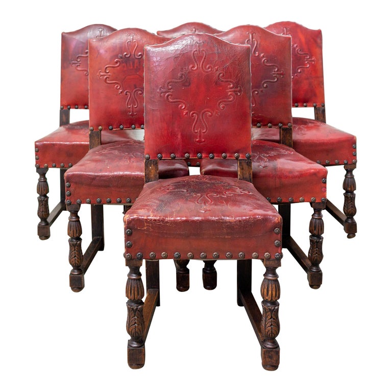 Six Vintage Spanish Dining Chairs, Red Leather Dining Chairs With Arms