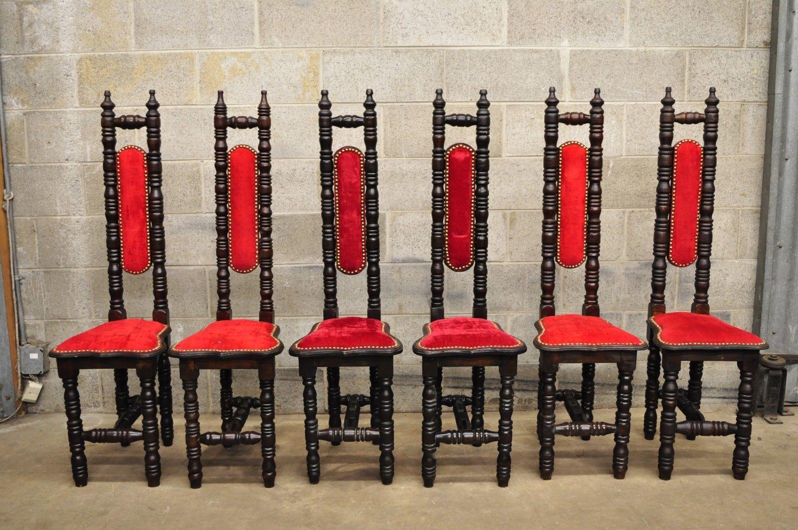 Six Vintage Spanish Jacobean Hall Prayer Chairs Red Renaissance Revival Gothic 1