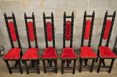 Six Vintage Spanish Jacobean Hall Prayer Chairs Red Renaissance Revival Gothic